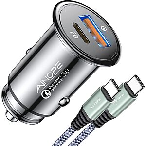 Amazon Lightning Deal: Ainope 48W Dual Port PD&QC 3.0 Metal Super Mini Car Charger (Black) & 3.3' Nylon Braided USB C Cable $8.15 + Free Shipping w/ Prime or on $25+