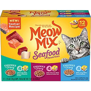 Meow Mix Wet Cat Foods: 12-Pack 2.75-Oz (Seafood Favorites or Pate Topper Seafood & Poultry Variety Pack) $5.60 & More w/ S&S + Free Shipping w/ Prime or on $25+