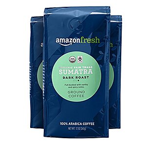 AmazonFresh Organic Fair Trade Sumatra Ground Coffee, Dark Roast, 12 Ounce (Pack of 3) - $10.97 /w S&S - Amazon