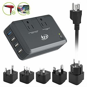 Key Power International Travel Adapter & 220V to 110V Voltage Converter w/ USB Charging Surge Protector $20