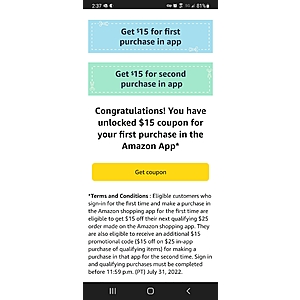 (YMMV) Amazon in-app $15 off $25 purchase (two times) - eligible accounts only