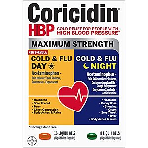 Coricidin HBP, Decongestant-Free Cold Symptom Relief for People with High Blood Pressure, Maximum Strength Cold & Flu Day+Night Liquid Gels, 24 Count - $5.39