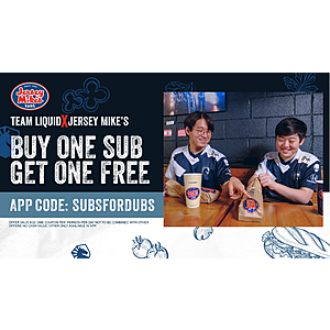 Jersey Mike’s Buy One Regular Sub Get One Regular Sub Free Via Mobile App 08/22 - $0
