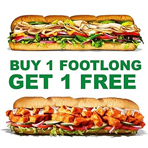 Select Subway Restaurants: Buy One Footlong Sub, Get One Footlong Sub Free & More