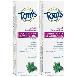 2-Pack 5.5-Oz Tom's of Maine Fluoride Free Toothpaste (Peppermint) $5.60 + Free Shipping w/ Prime or $25+