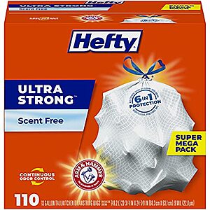 110-Ct 13-Gallon Hefty Ultra Strong Tall Kitchen Trash Bags (Unscented): $10.78 w/Amazon Subscribe & Save