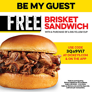 Dickey's Barbeque Pit: Free Brisket Sandwich w/ Drink Purchase $3 (Valid 1/29/22 thru 1/31/22)