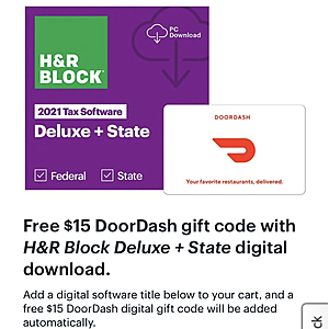 Best Buy : Free $15 DoorDash gift code with H&R Block Deluxe + State digital download For $35. Digital Delivery