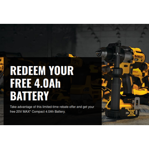 Free Dewalt 20V MAX 4.0ah battery with rebate, after purchase of $300 or more of 20V MAX products from an authorized reseller.