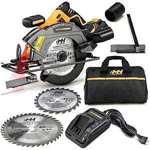 MOTORHEAD 20V ULTRA 6-1/2” Cordless Circular Saw, Lithium-Ion, Laser Guide, LED, Rip Fence, 0-50° Bevel, w/ 2Ah Battery & Quick Charger, Bag, 2 Blades - 24T, 40T, $69.99