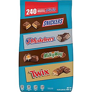 SNICKERS, TWIX, 3 MUSKETEERS & MILKY WAY Minis Size Chocolate Candy Variety Mix, 67.2-Ounce 240 Pieces (Packaging May Vary) $19.73 + Free Shipping w/ Prime or on $25+