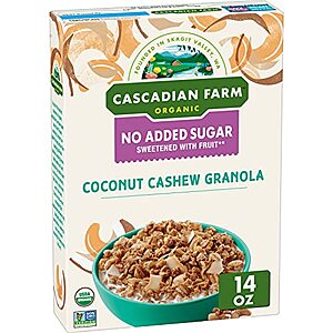 YMMV Cascadian Farm Organic Granola, No Added Sugar, Coconut Cashew 14 oz for $1.99 AC w/15% S&S, $2.39 AC w/5% S&S at Amazon