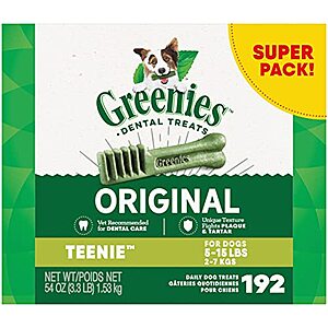 GREENIES Original TEENIE Natural Dental Care Dog Treats, 54 oz. Pack 1 (192 Treats) $32.34 + Free Shipping w/ Prime or on $25+ Subscribe & Save Amazon YMMV
