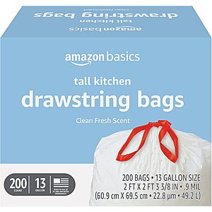 200-Count 13-Gallon Amazon Basics Tall Kitchen Drawstring Trash Bags (Clean Fresh Scent) $16.21 w/ S&S + Free S&H w/ Prime or $25+