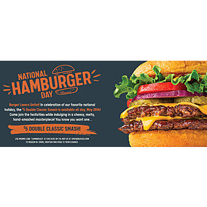 SmashBurger -  $5 Double Classic Smash Burger on Saturday, May 28
