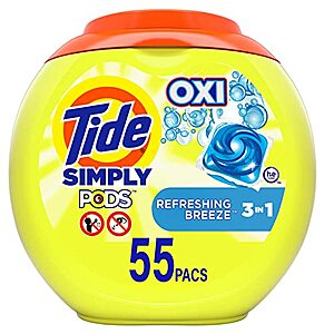 55-Ct Tide Simply Pods + Oxi Laundry Detergent Soap Pods (Refreshing Breeze) 3 for 22.60 w/ Subscribe & Save
