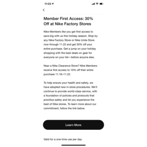 Extra 30% off at Nike Factory Stores / 10% off at Nike Clearance Stores via Nike App through 11/22/2020