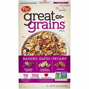 16-Oz Post Great Grains Raisins Dates & Pecans Whole Grain Cereal $1.66 + Free Shipping w/ Prime or $25+