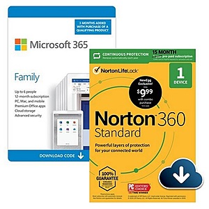 15-Month Microsoft 365 Family (6-Users) + Norton 360 Antivirus (1-Device) - $74.99 AC + FS