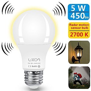 5 watt led bulb radar motion detector soft white 450 lumens $6.99 amazon prime