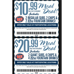 Jersey Mikes Game Day Deals! $20.99 2 Giant Subs! 4 Chips!, 4 Drinks!