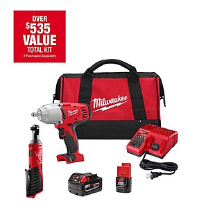 Milwaukee M18/M12 12/18V Lithium-Ion Cordless 3/8 in. Ratchet and 1/2 in. Impact Wrench with Friction Ring Combo Kit $199