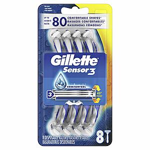 8-Count Gillette Sensor3 Men's Disposable Razors $4.59 or Less w/ S&S + Free Shipping ~ Amazon