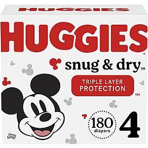Huggies Baby Diapers: 180-Ct Snug & Dry (size 4) 2 for $66.70 ($33.34 each), 156-Ct Little Movers (size 3) 2 for $68.35 ($34.16 each) & More w/ S&S + FS w/ Prime or on $25+