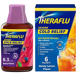 Theraflu Severe Cold Relief: 8.3-Oz Syrup (Berry) + 6-Ct Packets (Honey Lemon) $5.25 w/ S&S + Free Shipping w/ Prime or on $35+