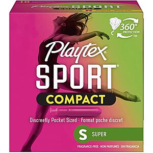18-Count Playtex Sport Compact Tampons (Super, Unscented) $2.75 w/ S&S + Free Shipping w/ Prime or on $35+