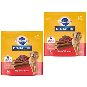 Select Amazon Accounts (YMMV): Pedigree Dentastix Dog Dental Treats (for various dog sizes): 32-Ct (Beef, for Large Dogs) 2 for $14 & More w/ S&S + FS w/ Prime or on $35+