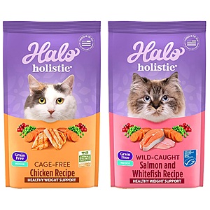 Halo Holistic Grain-Free Dry Cat Foods: For Indoor Cats (10-lbs Cage-Free Chicken & 10-lbs Wild-Caught Salmon & Whitefish) + $30 Amazon Credit $62.80 & More w/ S&S + Free Shipping