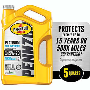 5-Quart Pennzoil Platinum Full Synthetic 5W-20 Motor Oil $23.80 + Free Store Pickup