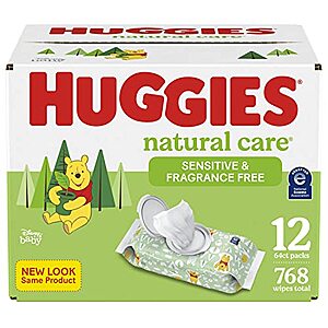 Baby Wipes, Huggies Natural Care Sensitive Baby Diaper Wipes, Unscented, Hypoallergenic, 12 Flip-Top Packs (768 Wipes) - 2 for $27.22 w/S&S - Amazon