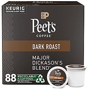 Peet's Coffee, Dark Roast - Major Dickason's Blend 88 Count (4 Boxes of 22 K-Cup Pods) - $33.11 /w S&S + F/S - Amazon
