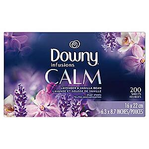 Downy Infusions Dryer Sheets Laundry Fabric Softener, Calm Scent, Lavender & Vanilla Bean, 200 Count - $5.52 /w S&S - Amazon