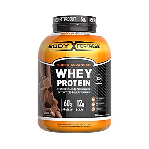 Body Fortress Whey Protein Powder, 60g Protein and 12g BCAA's (per 2 scoops), Chocolate, 5 Lb. - $30.59 /w S&S + F/S - Amazon