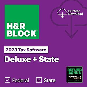 $24.99: H&R Block Tax Software Deluxe + State 2023 with Refund Bonus Offer (Amazon Exclusive) (PC/MAC Download)