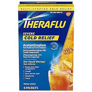 6-Count Theraflu Multi-Symptom Severe Cold Medicine Powder Packets (Honey Lemon) $4.35 & More w/ Subscribe & Save