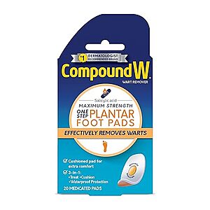 $4.96 /w S&S: Compound W Maximum Strength One Step Plantar Wart Remover Foot Pads, 20 Count
