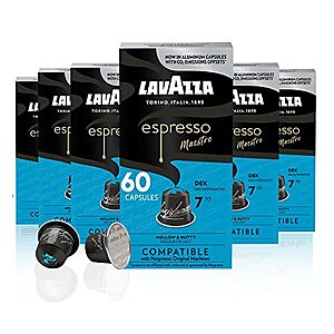 $16.79: Lavazza Espresso Decaffeinated Dek Medium Roast Arabica & Robusta Aluminum Capsules, Intensity 7 of 13, 10 Count (Pack of 6, 28¢/capsule)