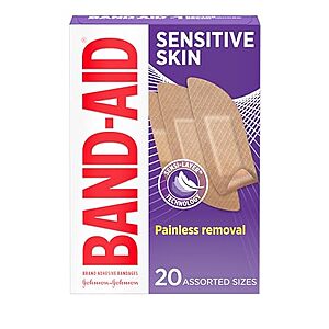 $2.22: Band-Aid Brand Adhesive Bandages for Sensitive Skin, Assorted, 20 ct