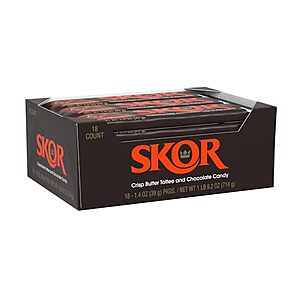 $14.68 w/ S&S: SKOR Crisp Butter Toffee and Chocolate Candy Bars, 1.4 oz (18 Count) at Amazon