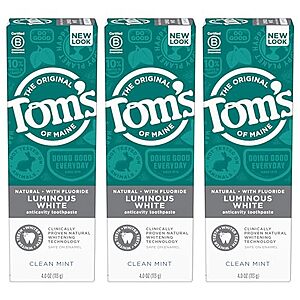 $9.27 w/ S&S: Tom's of Maine Natural Luminous White Toothpaste with Fluoride, Clean Mint, 4.0 oz. 3-Pack