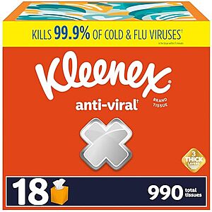 $20.08 w/ S&S: 18-Pack 55-Count Kleenex Anti-Viral 3-Ply Facial Tissues + $4.60 Amazon credit