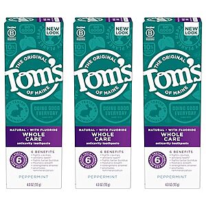 [S&S] $9.84: Tom's of Maine Whole Care Natural Toothpaste with Fluoride, Peppermint, 4 oz. 3-Pack