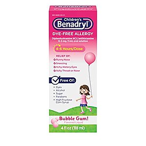 [S&S] $3.55: 4-Oz Benadryl Children's Dye-Free Allergy Liquid Medication, Bubble Gum Flavor
