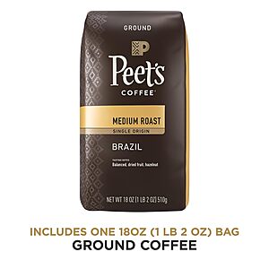 Peet's Coffee, Medium Roast Ground Coffee - Single Origin Brazil 18 Ounce Bag $6.97 or less S&S Shipped Amazon