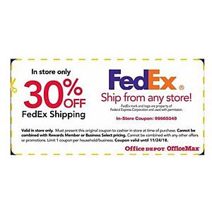 30% off FEDEX Shipping (overnight, 2 day, ground, etc) at OFFICE DEPOT 11/22-24 with printable coupon