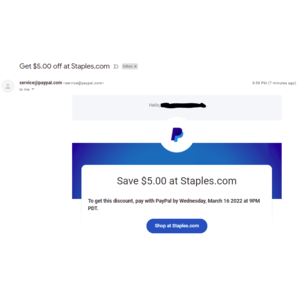 YMMV Email offer - Get $5.00 off at Staples.com by Paypal